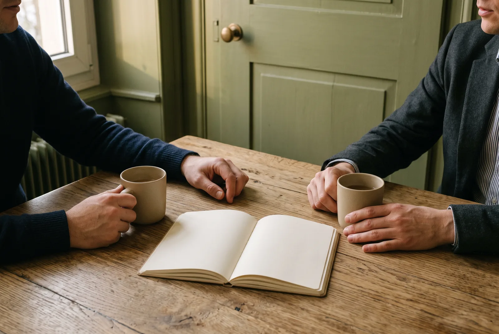 Premier rendez-vous autour d'une table, carnet ouvert entre les deux personnes