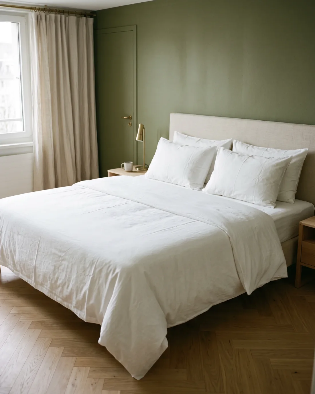 Chambre préparée, linge blanc et mur olive
