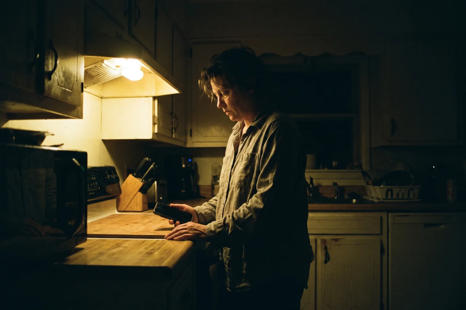 Propriétaire seule dans sa cuisine le soir, téléphone à la main