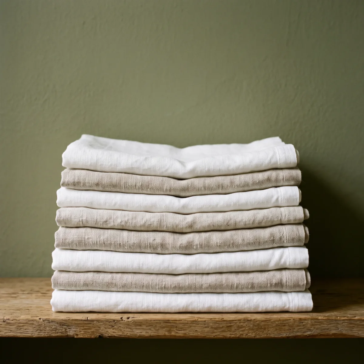 Pile de linge de maison plié, blanc et lin naturel