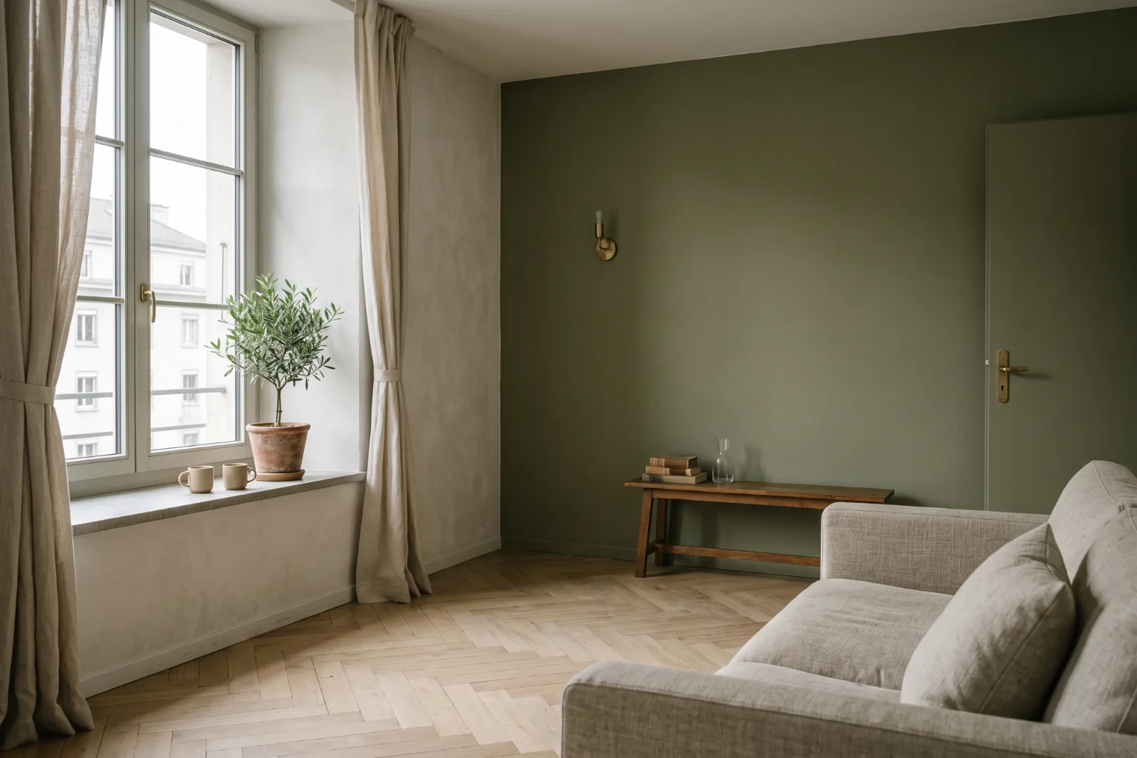 Séjour meublé, mur olive, parquet à bâtons rompus et olivier en pot