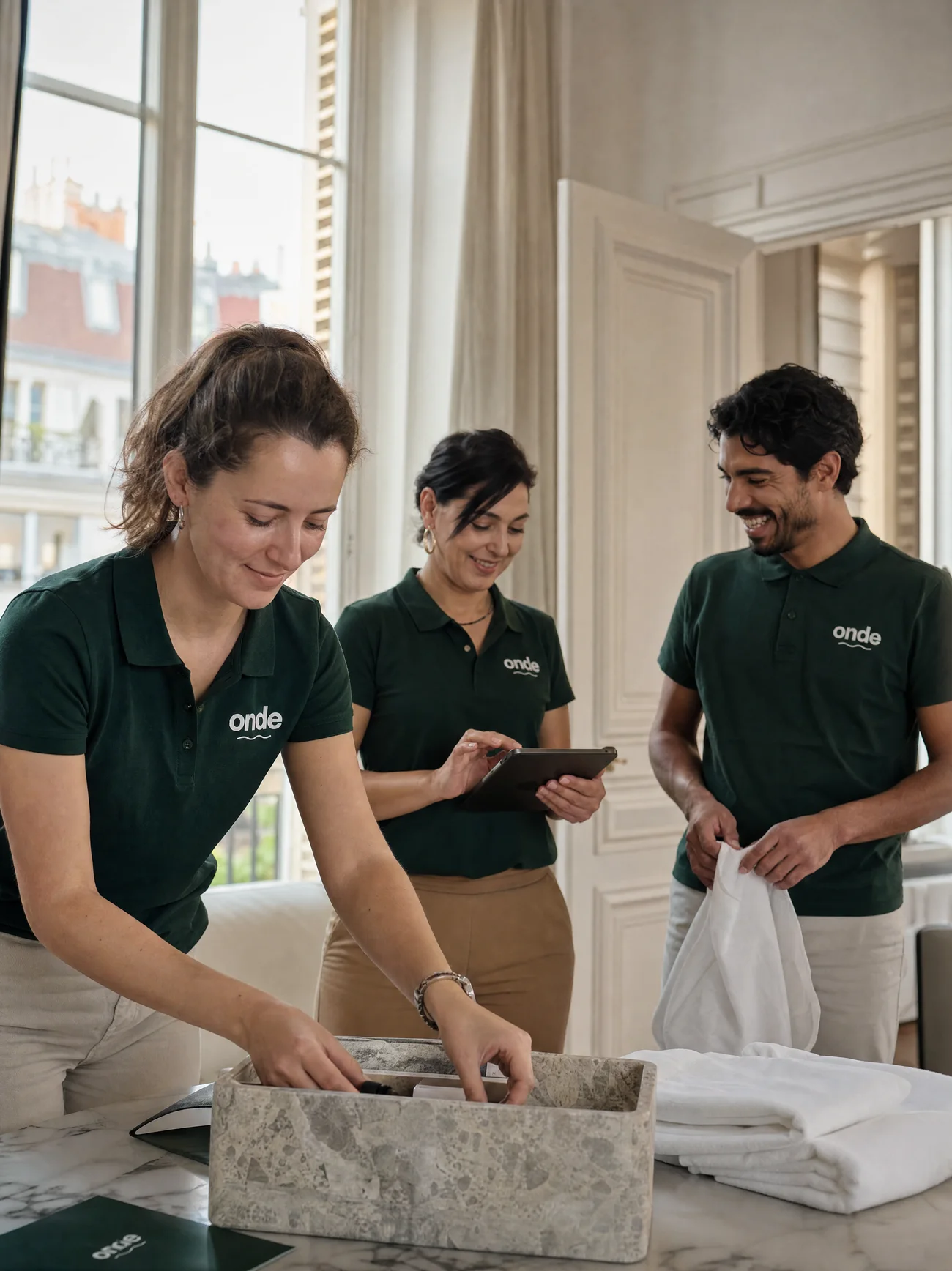 L'équipe locale ONDE prépare un logement, en polo de marque